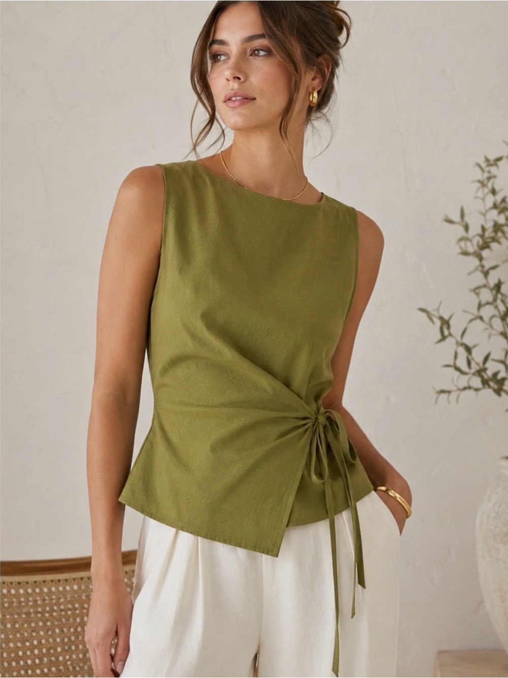 NWT OGL linen olive side-tie sleeveless top